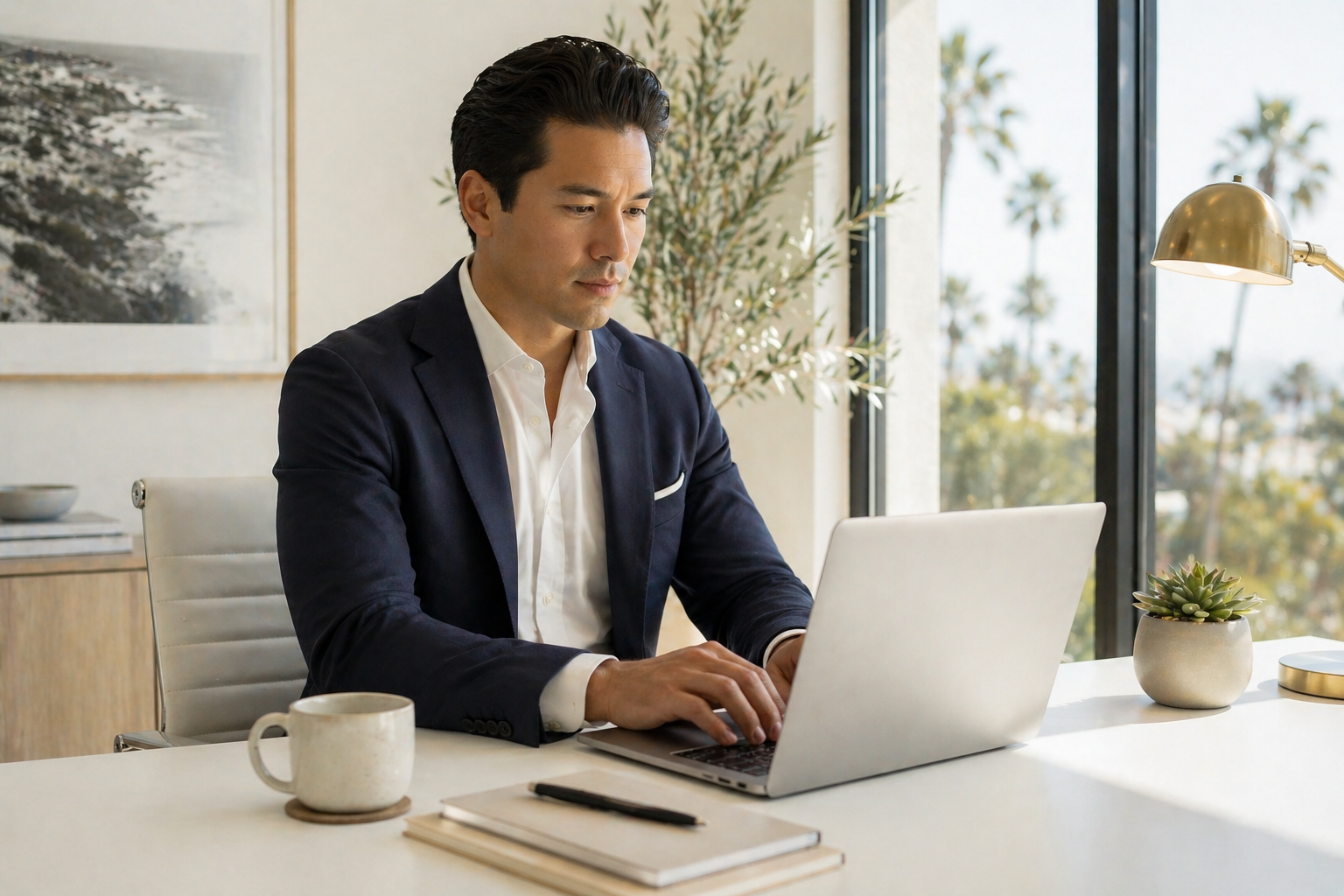 Realtor at a desk writing listing descriptions with AI assistance on laptop