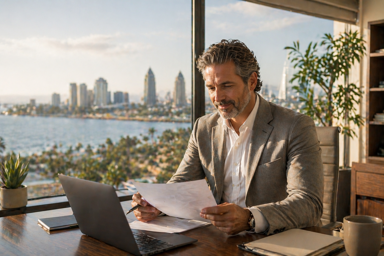 San Diego realtor reviewing property documents in a bright modern office overlooking the city